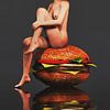 Erotisch naakt - Naakt zittend op een gigantische hamburger. van Jan Keteleer (JanKé): Een reis voorbij het canvas