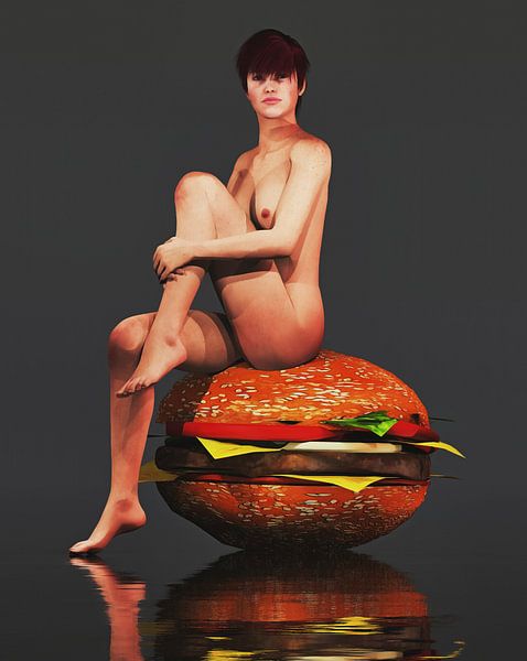 Nu érotique - Nu assis sur un hamburger géant. par Jan Keteleer