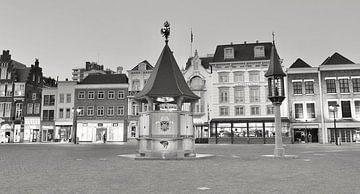 La place du marché de Den Bosch avec la maison du puits la nuit en noir et blanc