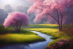 Park mit Fluss und Blühenden Bäumen im Frühling Illustration 01