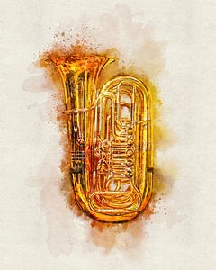 Tuba in Colorful Watercolor - Shiny Golden Brass Musical Instrument