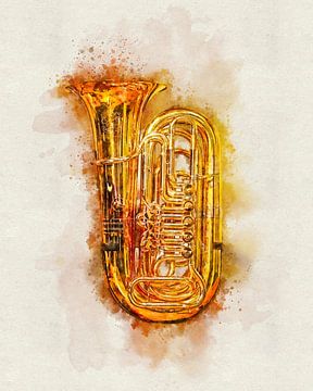 Tuba in Kleurrijke Aquarel - Glimmend Gouden Messing Muziekinstrument van Andreea Eva Herczegh