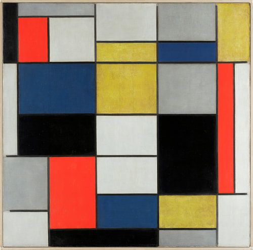 Samenstelling A, in zwart, rood, geel en blauw, Piet Mondriaan