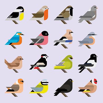 Grafische vogels - 16 Nederlandse tuinvogels in stijl (paarse editie) van Tim de Leeuw