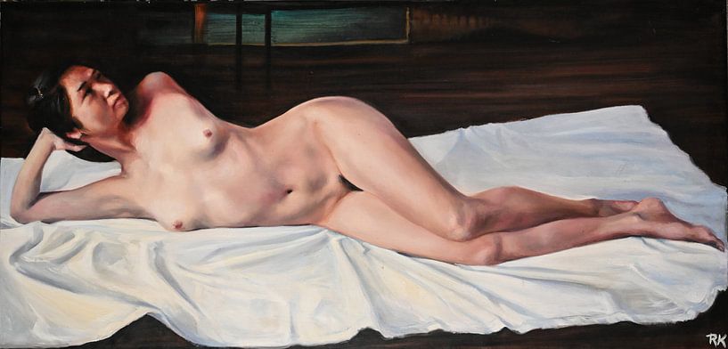 Portrait de femme nudiste allongée par KB Prints