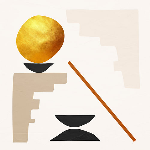 Minimalistische abstrakte Kunst mit organischen Formen, Erdtönen und Gold