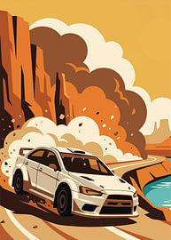 Rallye-Auto driftet durch einen Wüstencanyon inmitten einer riesigen, explosionsartigen Staubwolke von Adam Khabibi