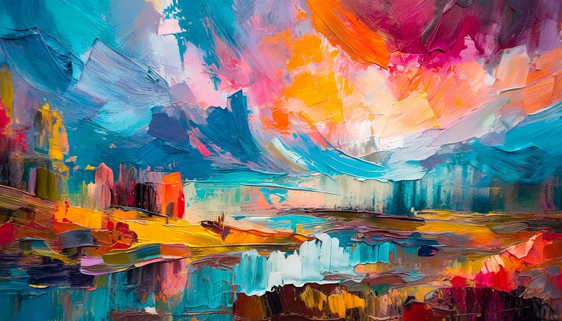 Schilderij met bergen en rivier van Mustafa Kurnaz
