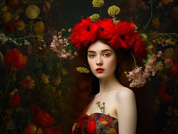De mysterieuze Schoonheid van een Vrouw met een Weelderige Rode Bloemenkroon