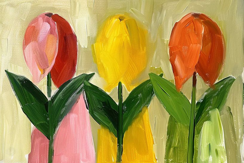 Impressionist painting of colourful tulips by Art & Soul Creations
