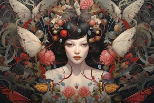 Vrouwelijke schoonheid bedekt met bijzondere bloemen en vlinders