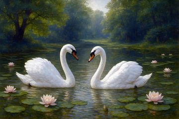 Schwäne in einem Teich mit Seerosen Gemälde. von Johannes