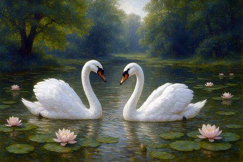 Zwanen in een vijver met lelies schilderij.