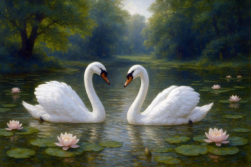 Zwanen in een vijver met lelies schilderij. van Johannes