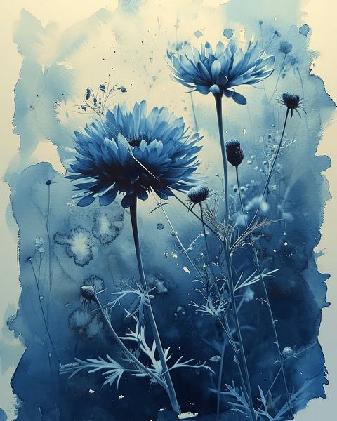 Botanische Collage, Kornblumen in Aquarell von Studio Allee