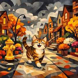 A cheerful cat in autumn