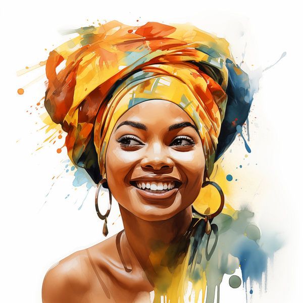 Portrait d'une femme africaine souriante à l'aquarelle avec un foulard coloré sur fond blanc par Animaflora PicsStock