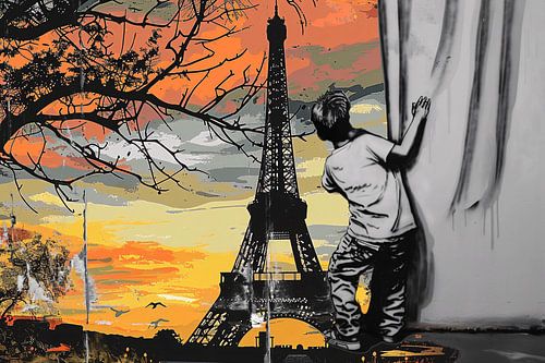 Jongen kijkt naar Eiffeltoren bij zonsondergang