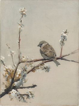 Bird on blossom branch in quiet painting style
