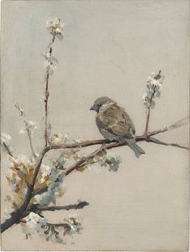 Vogel auf Blütenzweig in ruhigem Malstil