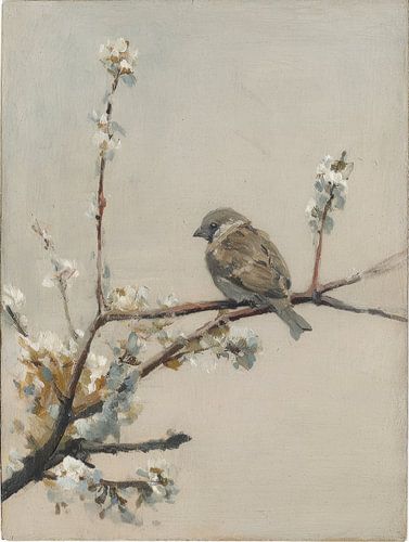 Oiseau sur une branche fleurie dans un style de peinture tranquille sur But First Framing