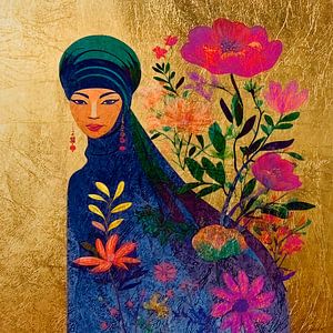 Modernes Porträt einer arabischen Frau mit Hijab, umgeben von Blumen