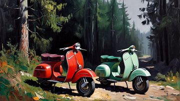 Zwei Motorroller neben einem Waldweg