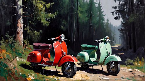 Twee scooters naast een bospad