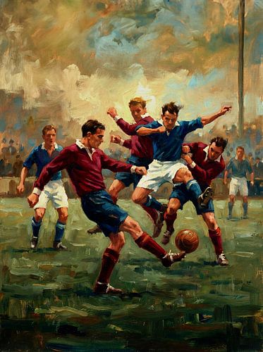 Dynamisch olieverfschilderij van een vintage voetbalwedstrijd