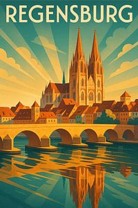 Regensburg Art Deco Reiseplakat - Dom & Steinerne Brücke