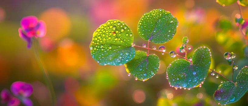 Des feuilles fraîches comme des gouttes d'eau dans la lumière du matin par Poster Art Shop