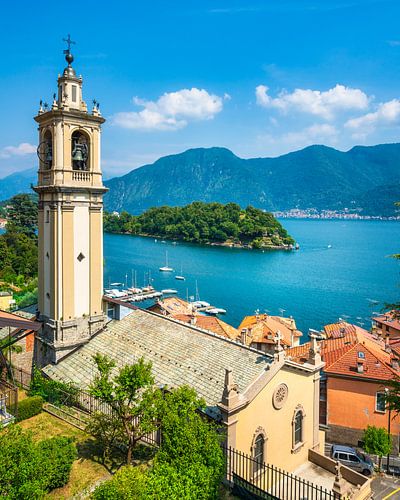 Lake Como, Sala Comacina bell tower from greenway trail. Italy,