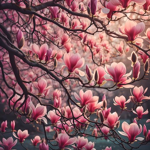 Pink flowers of the Magnolia spring blossom