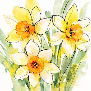 Gele narcissen in bloei (AI) (narcis, lente, Pasen, gele, bloemen, bloembollen, aquarel, schilderij, fris, vrolijk)