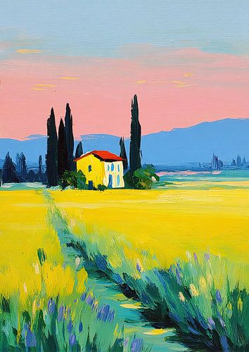 Geel huis in een zomers landschap