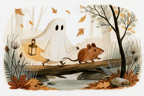 Woodland Friends – Geist und Maus mit Laterne im skandinavischen Herbstwald