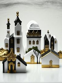 Miniatur Häuser Kirchen surreal Porzellan weiß schwarz gold