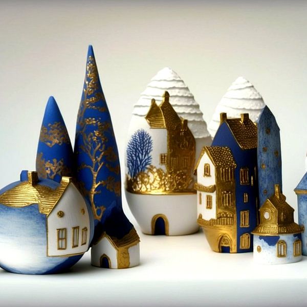 Miniatuur landschap porselein wit zwart blauw goud huizen bomen van gm_designs