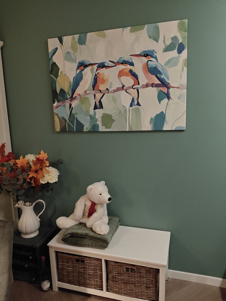 Bunte Vögel | Fröhliche Vogelgruppe im Garten  von Blickfänger Gemälde 