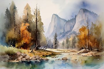 Aquarell Landschaft Yosemite Nationalpark USA von Uncoloredx12