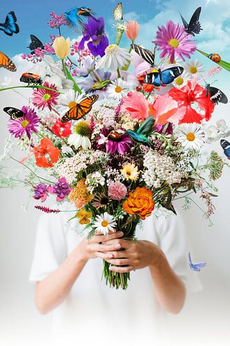 Frühlingsblumen, Schmetterlinge und Kolibris