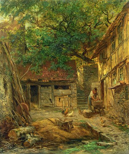 Anton Burger,Een boerderij binnenplaats, 1862 Olie op Canvas Fot