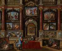 Painting, Interior with figures in the middle of a collection of paintings