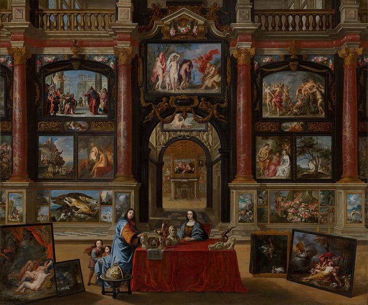 Schilderij, Interieur met figuren te midden van een verzameling schilderijen van Atelier Liesjes