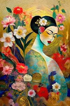 Extraordinary and serene portrait of a Japanese woman with flowers