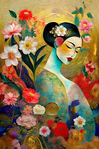 Bijzonder en sereen portret van een Japanse vrouw met bloemen van Studio Pieternel
