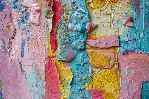 Abstract schilderij, roze, blauw en geel  