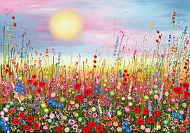 Colourful field of flowers with poppies and cornflowers