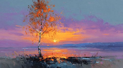 The Lonely Autumn Birch on the Sea of Sunset | Where Fire and Whispering Flow Together