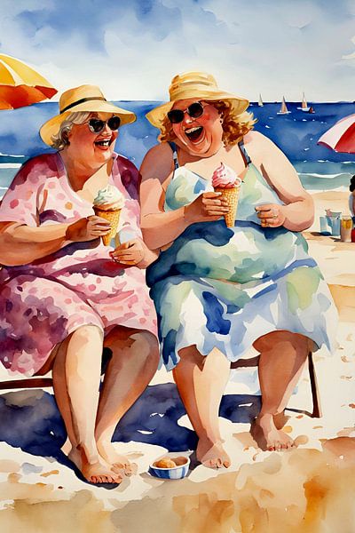 2 sociable ladies with an ice cream on the beach by De gezellige Dames